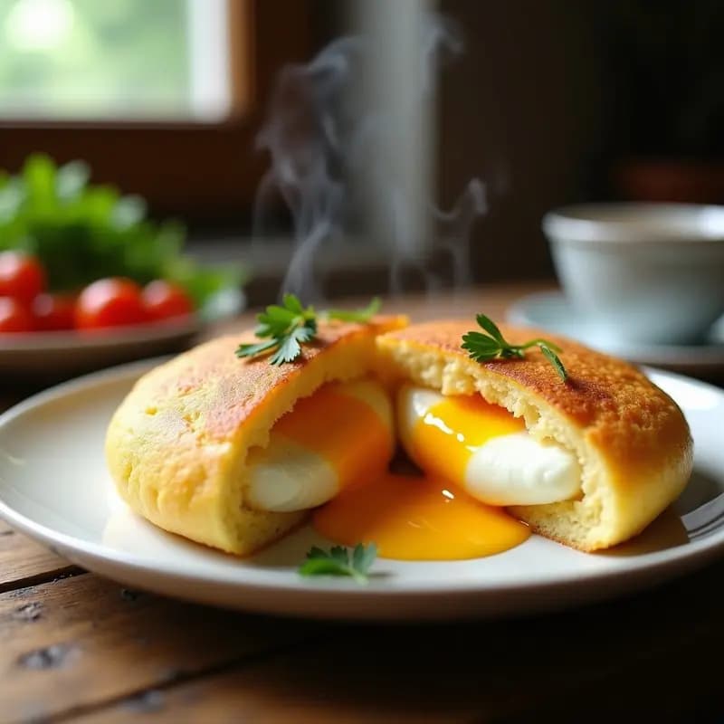 Arepa colombiana dorada rellena de queso costeño desmenuzado y huevo revuelto cremoso con pimienta rosada, servida en plato de barro con cebollín fresco espolvoreado.