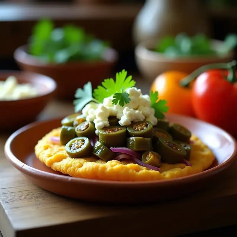Arepa colombiana vegana dorada y humeante, rellena de okra salteada con cebolla morada y coronada con queso vegano de anacardos desmenuzado, servida en plato de barro rústico con fondo de cocina tradicional.