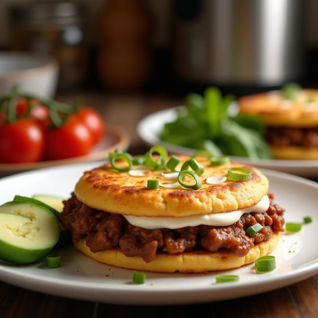 Arepa rellena de desmenuzado de res y queso blanco dorada y crujiente, servida en un plato de barro con hojas de cilantro fresco. Receta venezolana tradicional en airfryer.