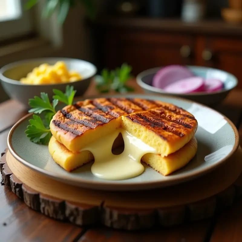 Arepa doble dorada y crujiente en parrilla, abierta por la mitad mostrando capas de queso mozzarella derretido y estirado, con granos de choclo visibles en la masa. Acompañada de rodajas de cebolla morada y perejil fresco, sobre fondo rústico de madera.