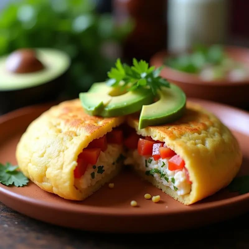 Arepa dominica dorada y esponjosa rellena de bacalao desalado desmenuzado con cebolla, pimiento y tomate, coronada con láminas de aguacate fresco y cilantro. Plato típico de la República Dominicana sin gluten, servido en un plato de barro rústico.