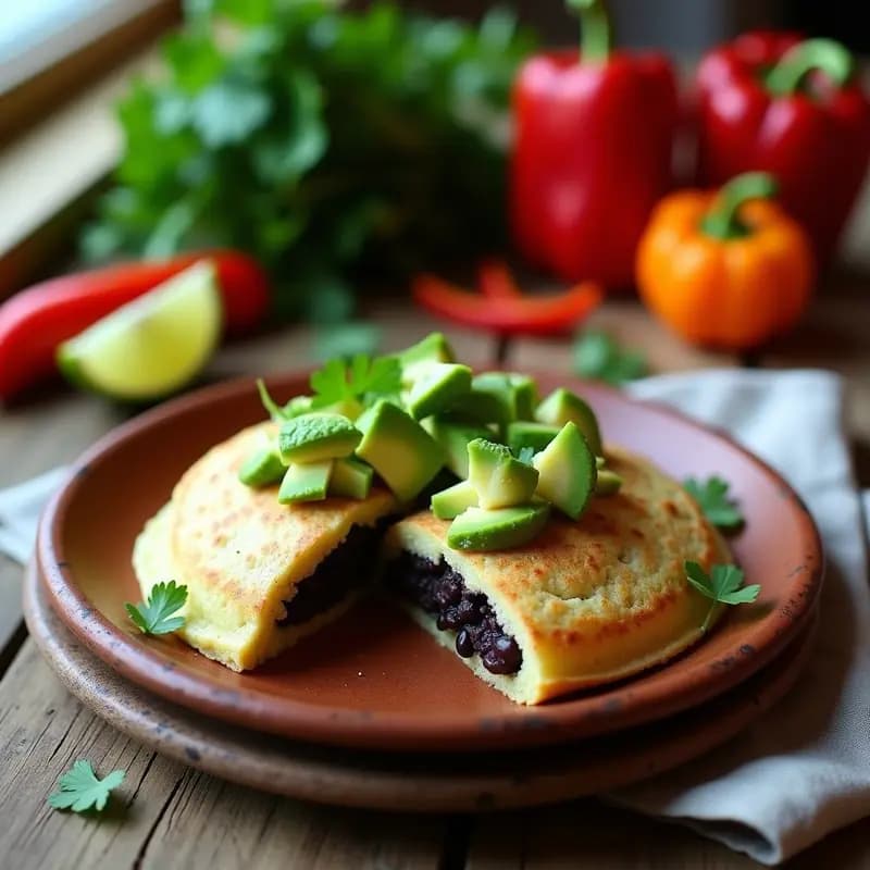 Arepa dominica de maíz azul cortada por la mitad, rellena de frioles negros especiados con cilantro y comino, coronada con cubos de aguacate fresco sobre un plato de barro rústico. Fondo borroso con ingredientes como pimentón y limón verde.