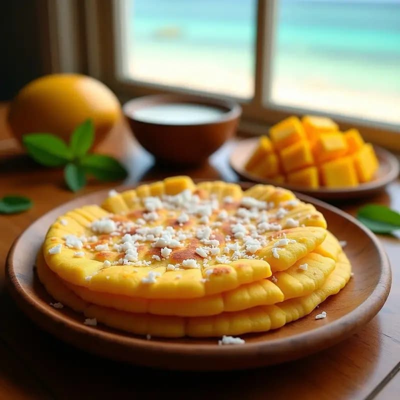 Arepa Dominica dorada y esponjosa de maíz pilado y coco, con textura ligeramente crujiente por fuera y suave por dentro, servida en un plato de madera rústico con rodajas de mango fresco y hojas de menta al lado.