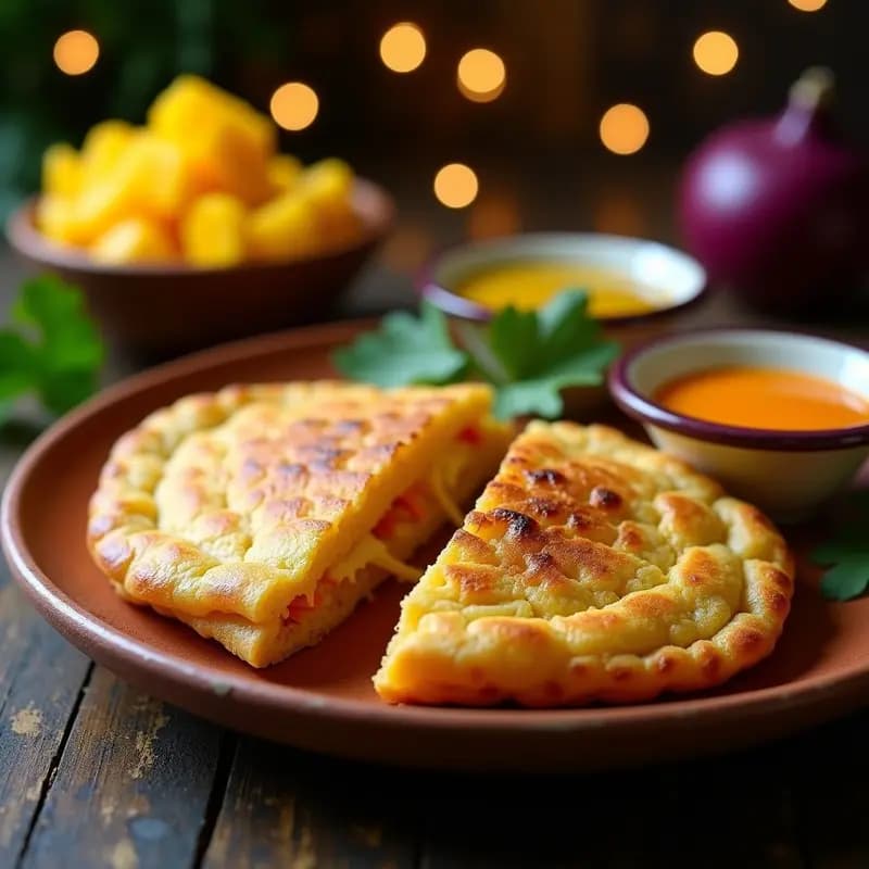 Arepa dominica deinence dorada y crujiente rellena de queso de soja, servida en plato de barro con salsa de mango al lado. Receta vegana y sin gluten cocinada en airfryer.