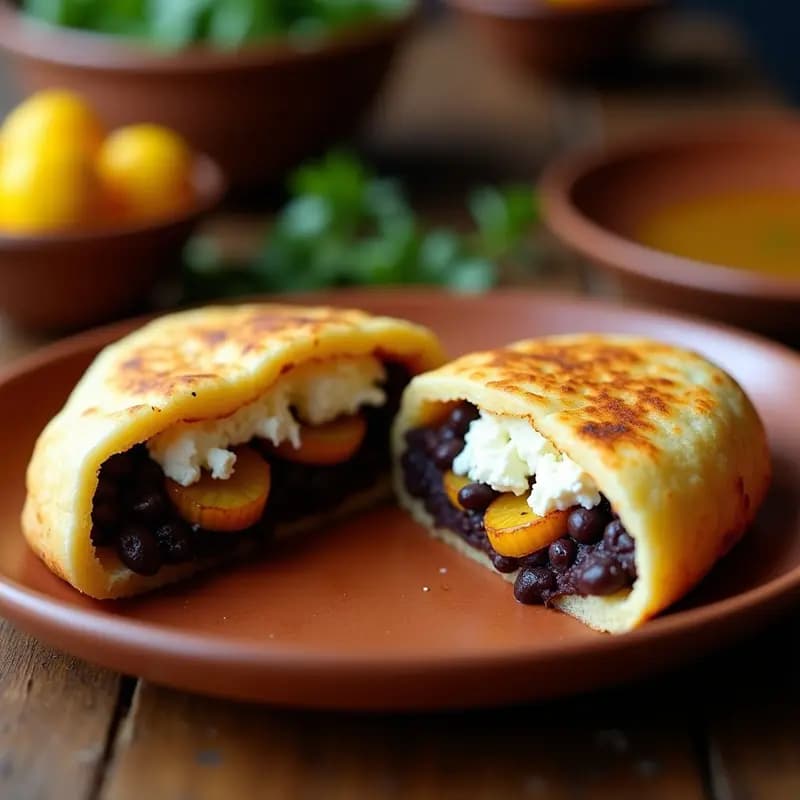 Arepa Dominó Venezolana cortada por la mitad, mostrando su relleno de caraotas negras oscuras, queso blanco desmenuzado y rodajas doradas de plátano maduro caramelizado. La arepa tiene una corteza dorada y crujiente, servida en un plato rústico de barro con un fondo de cocina tradicional.