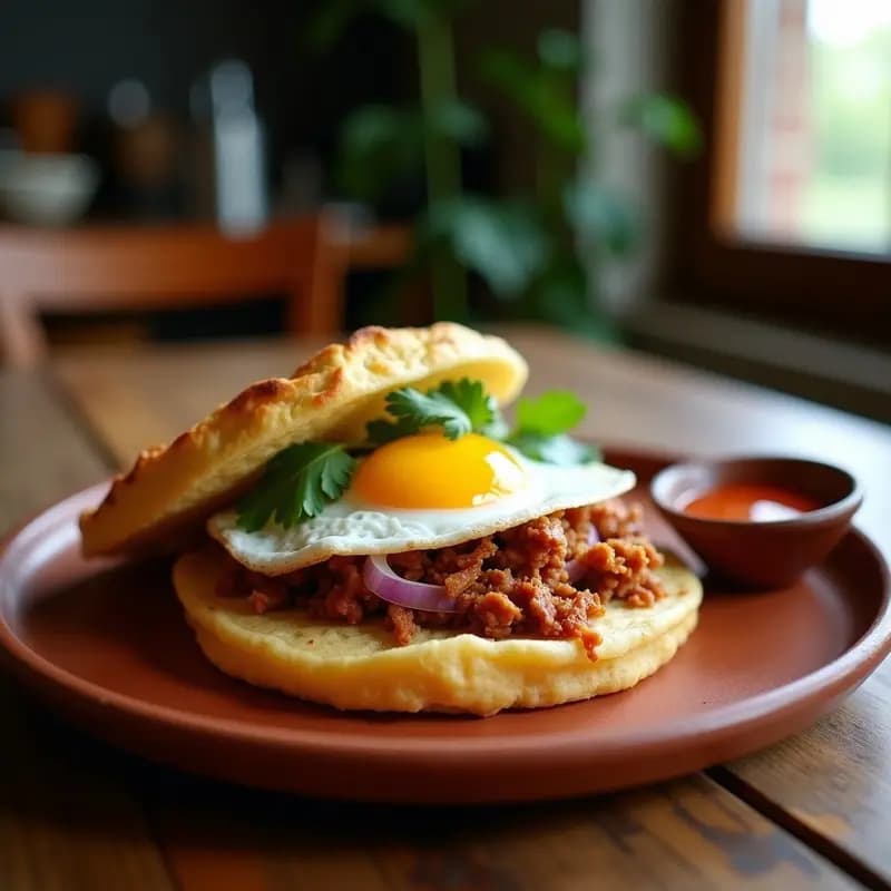 Arepa dominó colombiana abierta por la mitad, rellena de carnitas desmenuzadas doradas, huevo frito con yema líquida, cebolla morada y cilantro fresco, servida en un plato rústico de barro. Receta callejera en airfryer.