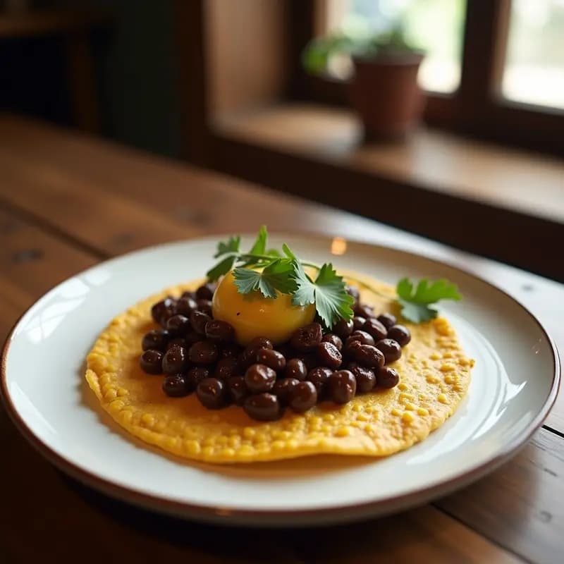 Arepa dominó colombiana crujiente rellena de frijoles negros especiados, dorada por fuera y esponjosa por dentro, servida en un plato de madera rústico con cilantro fresco.