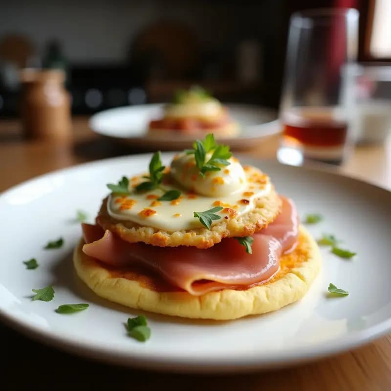 Arepa dominó venezolana dorada y crujiente en airfryer, rellena de queso mozzarella fundido y jamón de pavo en capas visibles, servida en plato blanco con fondo rústico.