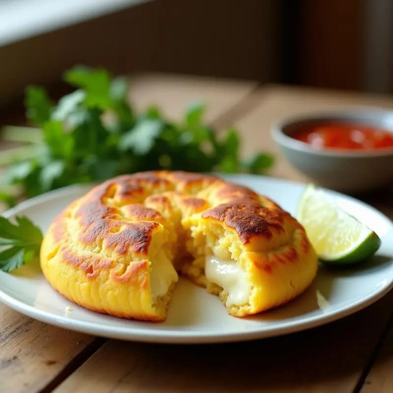Arepa dorada y crujiente de elote y queso cotija servida en plato rústico, con granos de maíz visibles y queso derretido en el interior, acompañada de cilantro fresco y rodajas de limón.