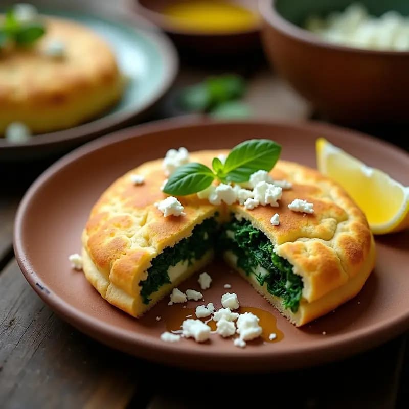Arepa dorada y esponjosa de espinacas y queso feta keto, servida en un plato de madera con rodajas de aguacate y huevo pochado, receta colombiana alta en proteínas.