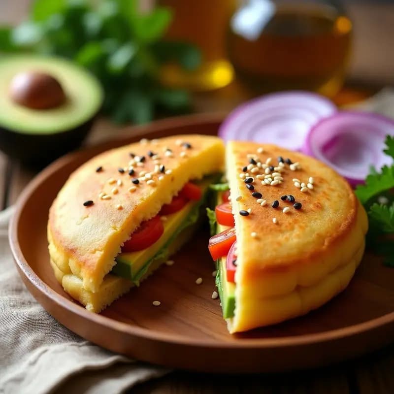 Arepa dorada de harina de garbanzo rellena de aguacate cremoso y tomate fresco, espolvoreada con semillas de ajonjolí y acompañada de cebolla morada. Receta sin gluten colombiana alta en proteína.