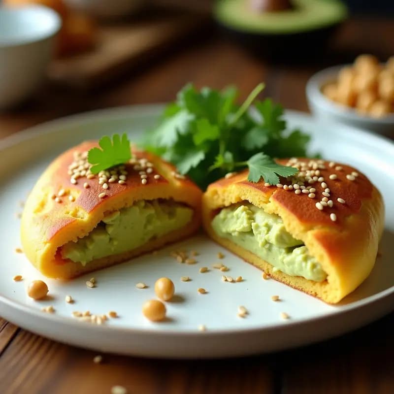 Arepa dorada de harina de garbanzo abierta por la mitad, rellena de una mezcla cremosa de garbanzos triturados y aguacate, decorada con semillas de sésamo y cilantro fresco. Plato tradicional colombiano vegano y sin gluten, servido en un plato de cerámica blanca sobre una mesa de madera rústica.