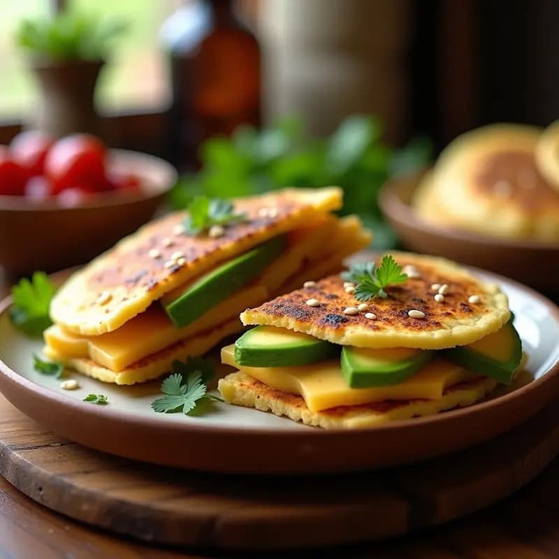 Arepa colombiana-venezolana dorada y crujiente abierta por la mitad, rellena de láminas de queso halloumi grillado con marcas de parrilla y crema de aguacate verde brillante, decorada con semillas de sésamo y cilantro fresco, servida en plato de madera rústico.