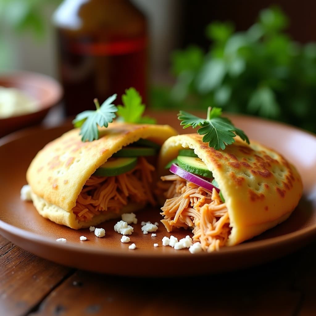 Arepa dorada de harina de almendra abierta por la mitad, rellena de pollo desmenuzado en salsa chipotle cremosa con trozos de cebolla morada y cilantro fresco. Plato típico colombiano sin gluten sobre fondo rústico de madera.