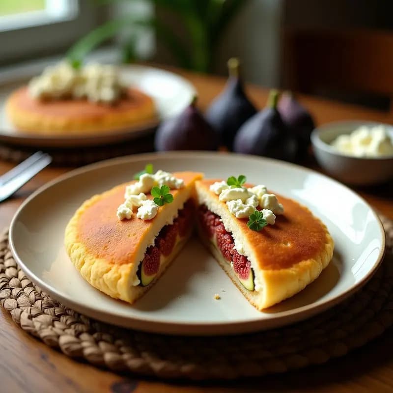Arepa dorada y esponjosa de harina de almendra abierta por la mitad, rellena de queso de cabra desmenuzado y láminas de higos frescos, servida en un plato de barro rústico sobre una mesa de madera con detalles colombianos.