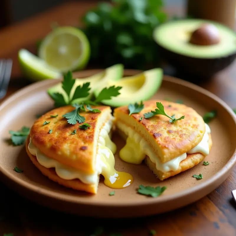Arepa dorada de harina de arroz abierta por la mitad, rellena de queso cremoso de anacardos, acompañada de rodajas de aguacate y cilantro fresco en un plato de madera rústico, desayuno colombiano sin lactosa.