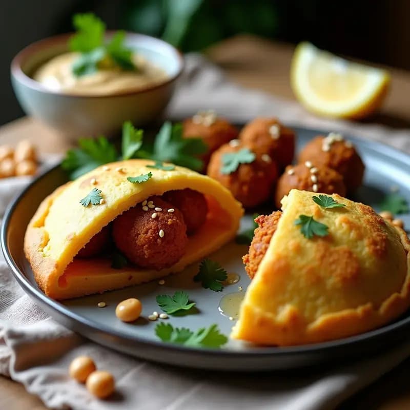 Arepa dorada de harina de garbanzo abierta por la mitad, rellena de falafel crujiente y dorado, acompañada de salsa cremosa de tahini y cilantro fresco. Receta fusión colombiana-libanesa sin gluten.