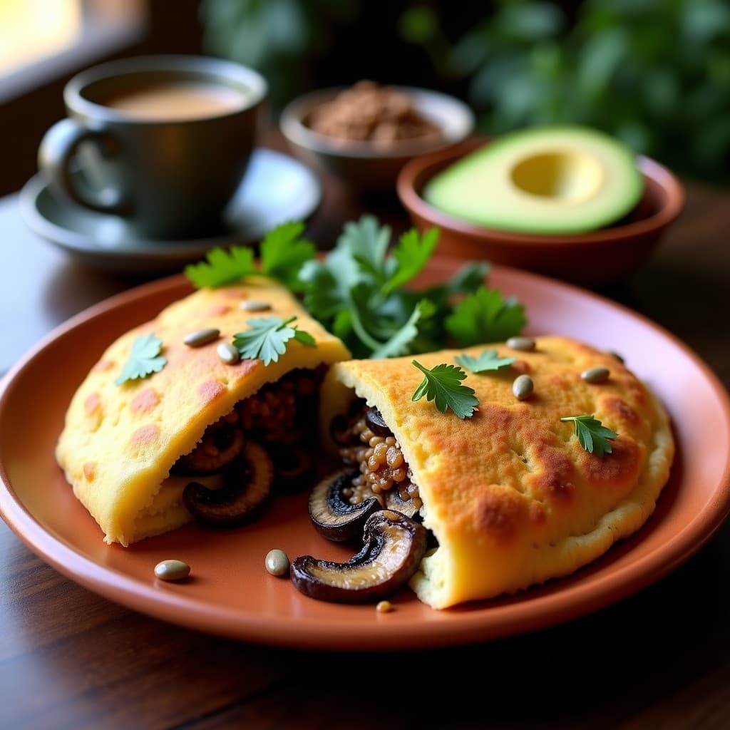 Arepa dorada de harina de guisante abierta por la mitad, rellena de champiñones portobello salteados con cebolla morada y perejil, decorada con semillas de sésamo. Plato típico colombiano vegano y alto en proteína.