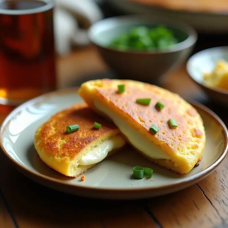 Arepa venezolana dorada y crujiente por fuera, rellena de queso de cabra cremoso sin lactosa, servida en un plato de barro con hojas de cebollino fresco. Receta tradicional adaptada sin lactosa.