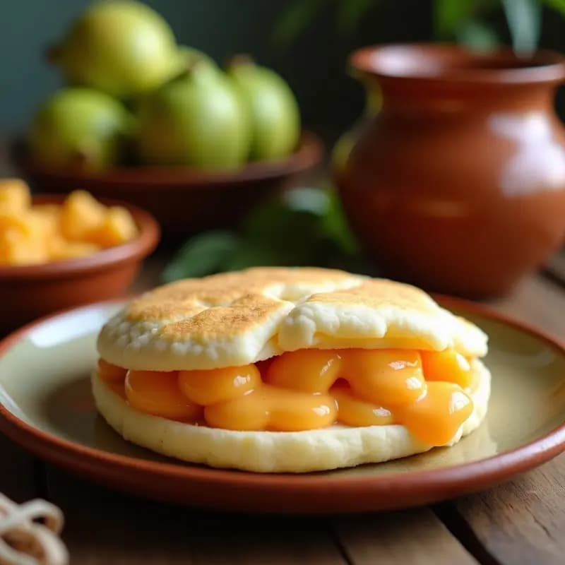 Arepa dorada y esponjosa de harina de maíz blanca rellena de queso de guayaba cremoso, servida en un plato rústico de barro con un fondo de cocina tradicional colombiana.