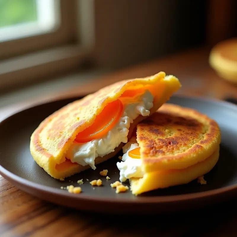 Arepa dorada y crujiente de harina PAN abierta por la mitad, rellena de queso de guayaba derretido, sobre un plato de madera rústico con fondo de cocina tradicional venezolana.