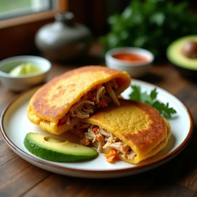 Arepa dorada y crujiente de harina de plátano rellena de pollo desmechado, servida en un plato blanco con rodajas de aguacate y cilantro fresco, receta colombiana en Airfryer sin aceite.