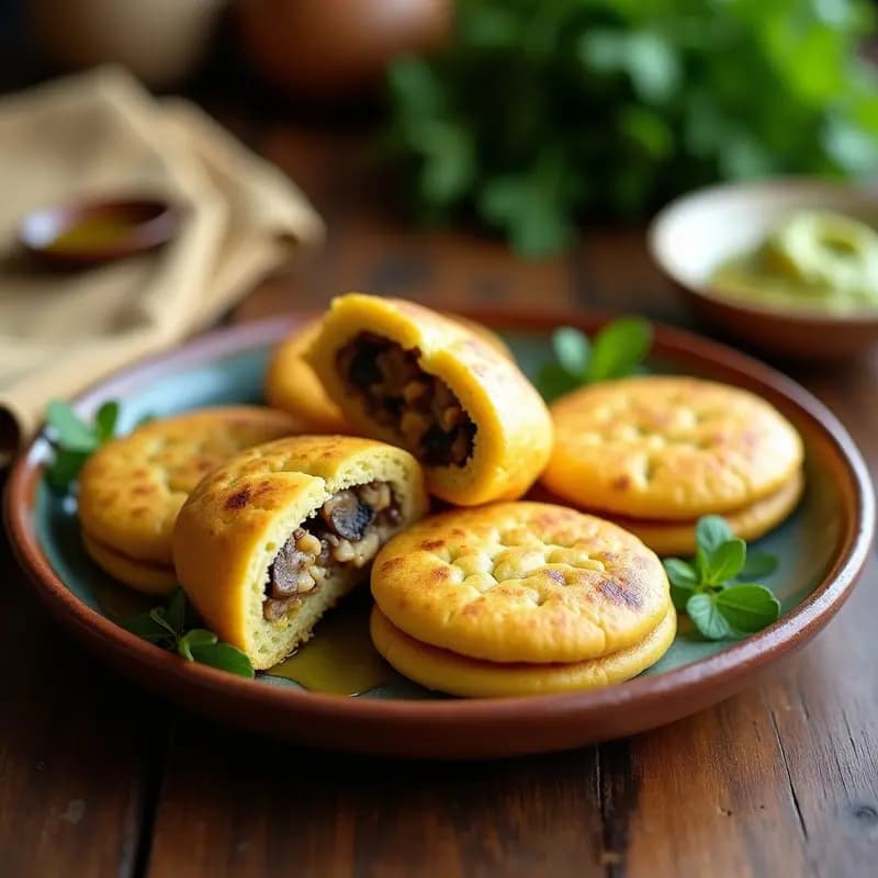 Arepa-types dorada y esponjosa de harina de plátano rellena de queso de castaña cremoso y champiñones salteados, servida en un plato de madera con perejil fresco. Receta vegana colombiana sin gluten.