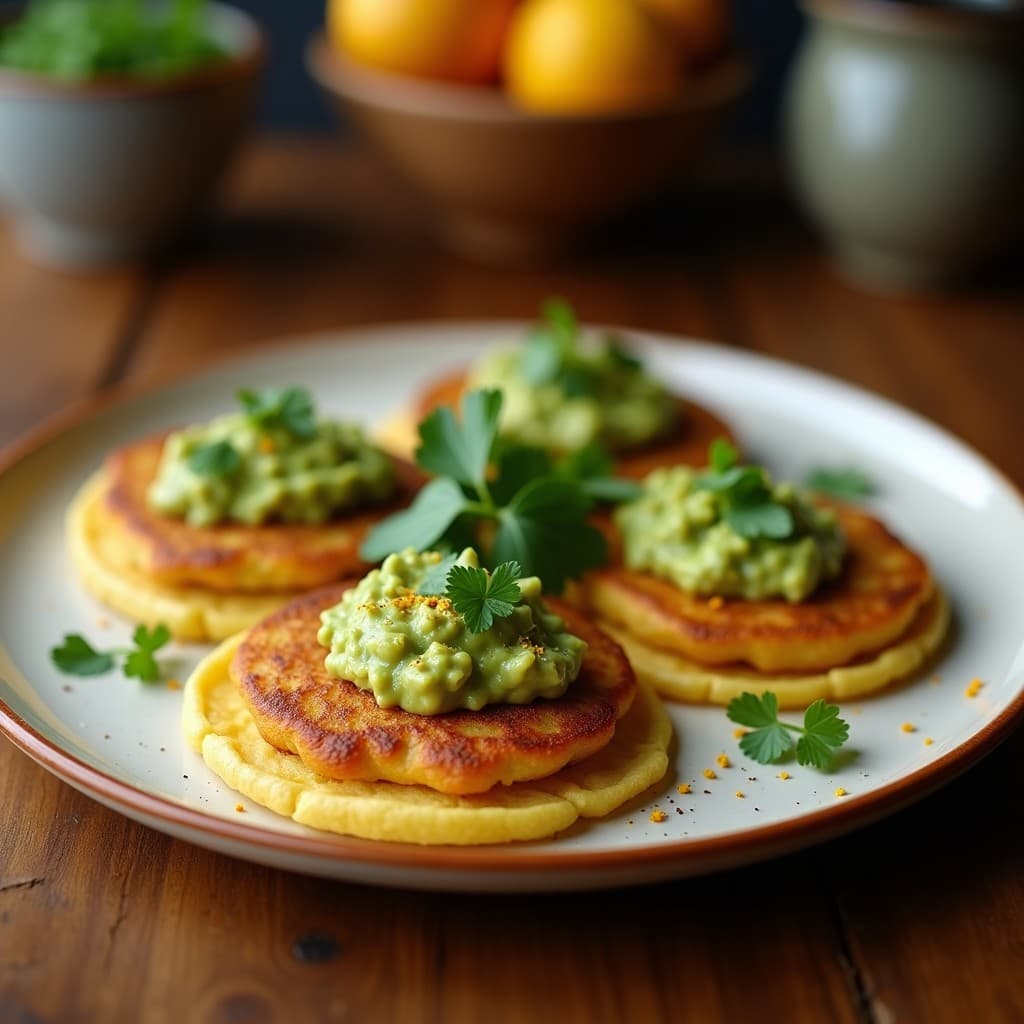 Arepa dorada de harina de plátano verde cortada por la mitad, rellena de guacamole cremoso con trozos de tomate y cebolla morada, sobre un plato de madera rústico con hojas de cilantro fresco.