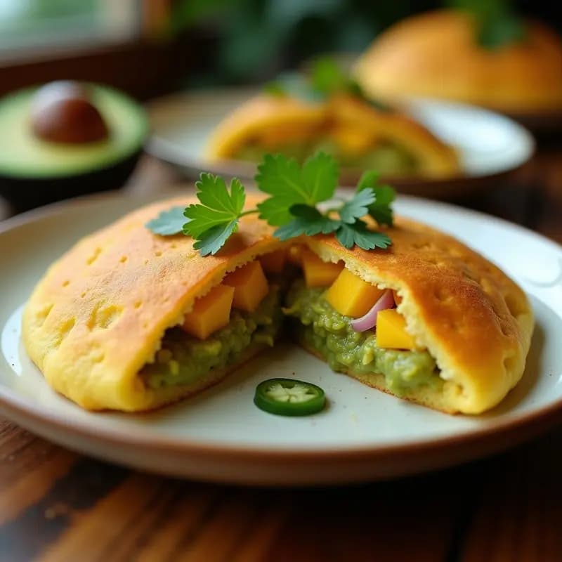 Arepa dorada de harina de yuca cortada por la mitad, rellena de guacamole de mango con trozos de aguacate, mango y jalapeño. Plato blanco rústico con fondo de madera y cilantro fresco como decoración. Desayuno colombiano sin gluten.