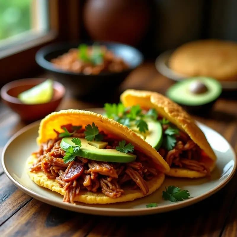 Arepa colombiana dorada y crujiente rellena de jackfruit desmenuzado estilo carnitas vegetales, acompañada de rodajas de aguacate y cilantro fresco sobre un plato de cerámica blanca.