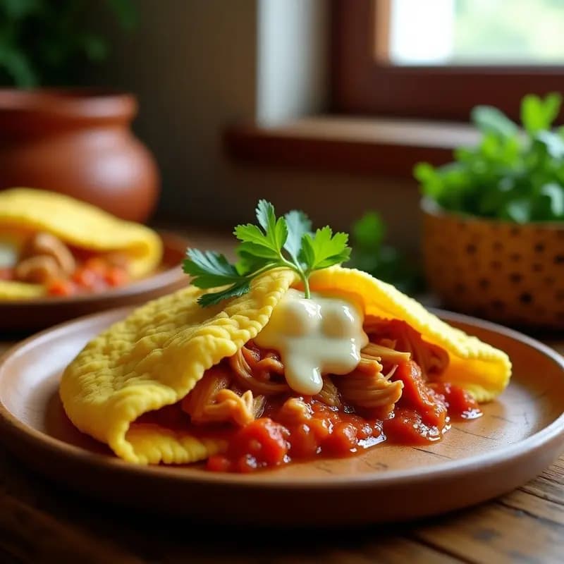 Arepa de maíz amarillo dorada cortada por la mitad, rellena de pollo guisado jugoso y queso blanco derretido, servida en un plato rústico con cilantro fresco. Receta tradicional venezolana.