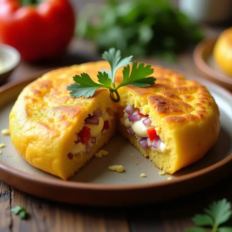 Arepa dorada de maíz amarillo abierta por la mitad, rellena de queso palmito cremoso, pimentón rojo, cebolla morada y cilantro fresco. Plato típico colombiano sin lactosa sobre fondo rústico de madera.