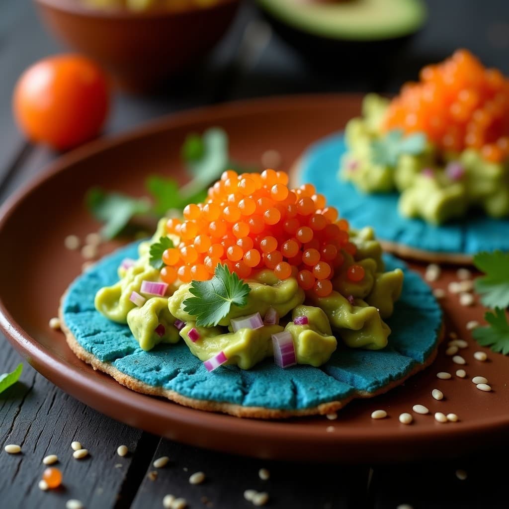 Arepa de maíz azul cortada por la mitad, rellena de aguacate cremoso con trozos y huevas de trucha naranjas brillantes, decorada con semillas de sésamo y cilantro fresco, sobre un plato de barro rústico con fondo de madera oscura.