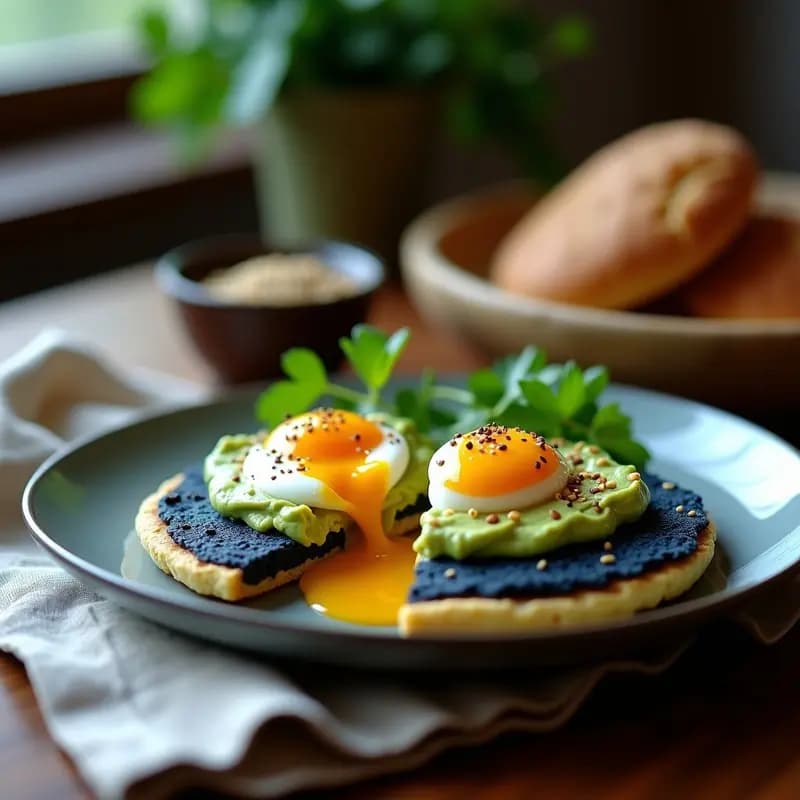 Arepa de maíz azul abierta por la mitad, rellena de aguacate cremoso verde y un huevo pocho con yema líquida amarilla brillante, decorada con semillas de sésamo y cilantro fresco. Plato de brunch venezolano sobre fondo rústico de madera.