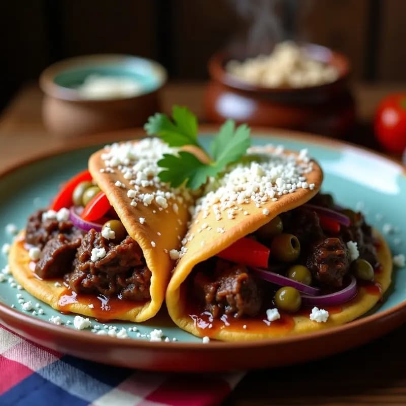 Arepa de maíz azul abiertas rellenas de desmechado de res jugoso, servidas en un plato rústico de barro con fondo de madera oscura y hojas de cilantro fresco.