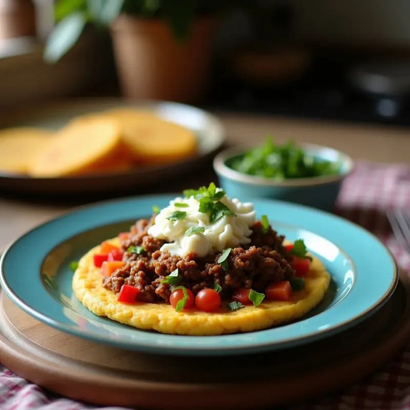 Arepa de maíz azul abiertas por la mitad, rellenas de desmenuzado de res jugoso y cubiertas con queso costeño rallado derretido, decoradas con cilantro fresco sobre un plato de madera rústica, receta colombiana gourmet.