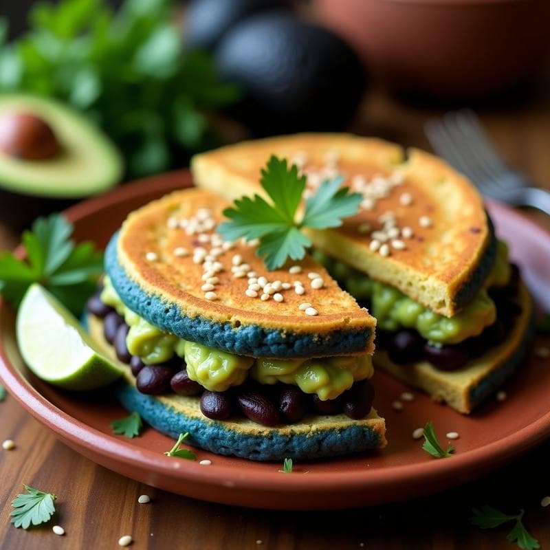 Arepa de maíz azul dorada y esponjosa cortada por la mitad, rellena de guacamole cremoso y frijoles negros sazonados, servida en un plato blanco con semillas de sésamo. Receta colombiana vegana en 15 minutos.