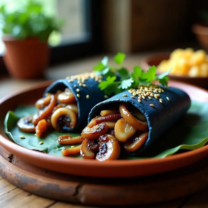 Arepa de maíz azul cortada por la mitad, rellena de hongos portobello dorados con cebolla morada y queso vegano de anacardos derretido, decorada con cilantro fresco. Plato típico venezolano vegano y sin gluten.