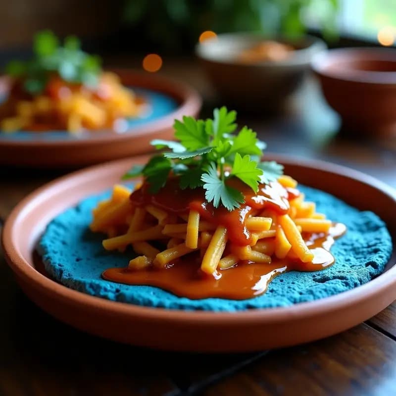 Arepa de maíz azul cortada por la mitad, rellena de pull jackfruit desmenuzado y jugoso, bañada con salsa de achiote cremosa de color naranja. Decorada con hojas de cilantro fresco y semillas de sésamo tostadas sobre un plato de barro rústico, con fondo de mesa de madera oscura.