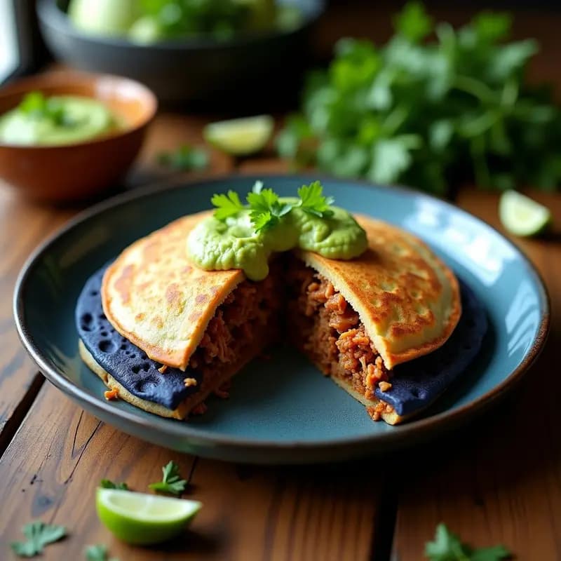Plato con arepa de maíz azul cortada por la mitad, rellena de jackfruit desmenuzada dorada y adobada, acompañada de guasacaca cremosa de aguacate y cilantro, sobre fondo rústico de madera con hierbas frescas.