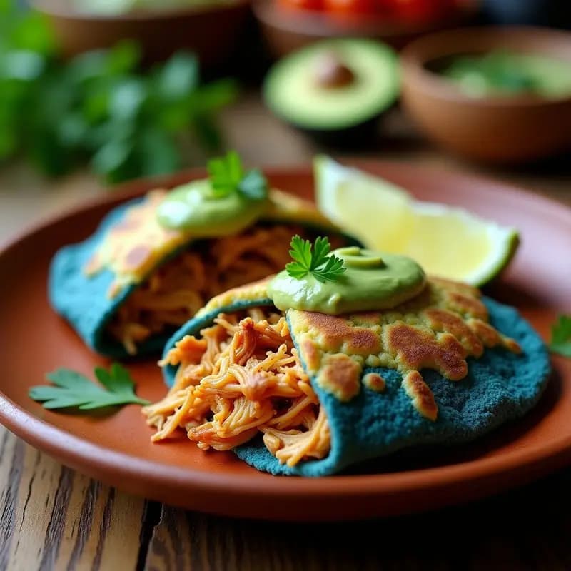 Arepa de maíz azul dorada y crujiente rellena de pollo desmenuzado jugoso y guasacaca cremosa de aguacate, servida en un plato de barro con decoración rústica, receta colombiana en airfryer.