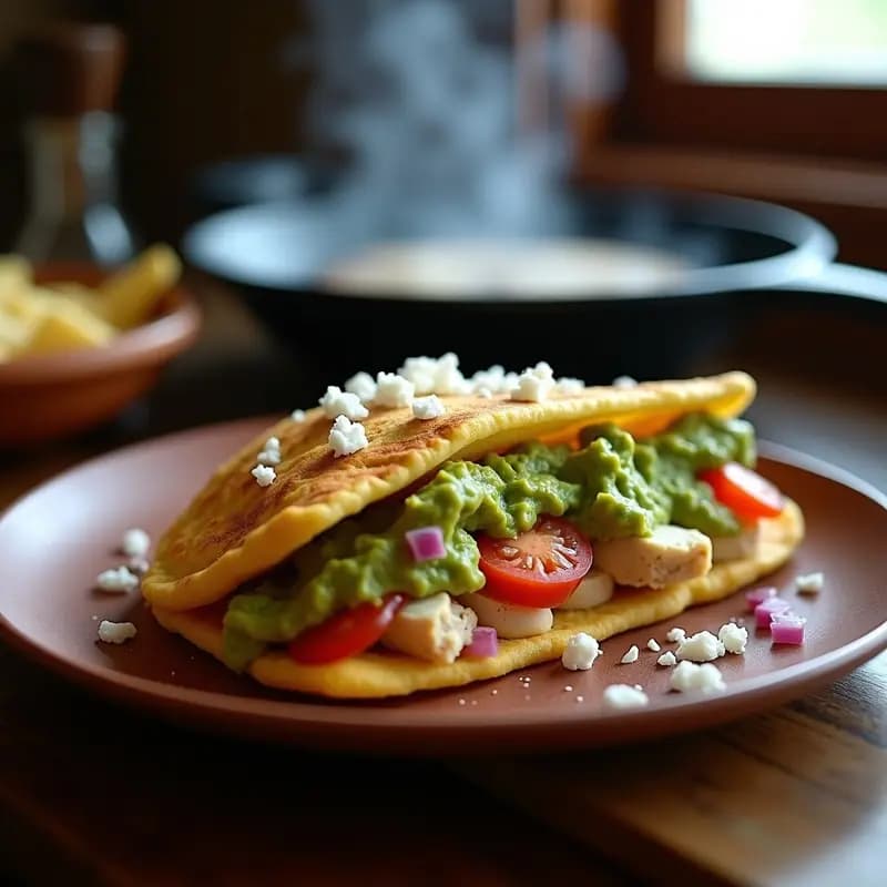 Arepa de maíz azul abierta mostrando su interior relleno de pollo marinado dorado y guacamole cremoso con trozos de cebolla morada, tomate y cilantro, servida sobre un plato rústico de barro con fondo de comal humeante.