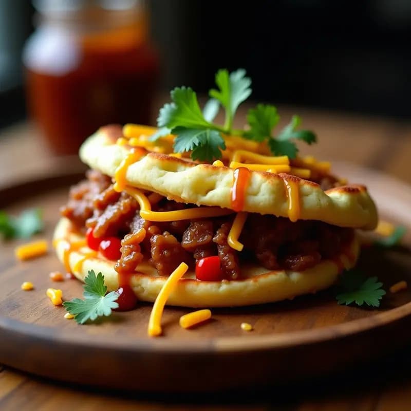 Arepa de maíz azul cortada por la mitad rellena de pulled pork jugoso, cebolla morada, pimiento rojo y salsa BBQ brillante, con queso cheddar gratinado y cilantro fresco. Plato servido en tabla de madera rústica con fondo desenfocado.
