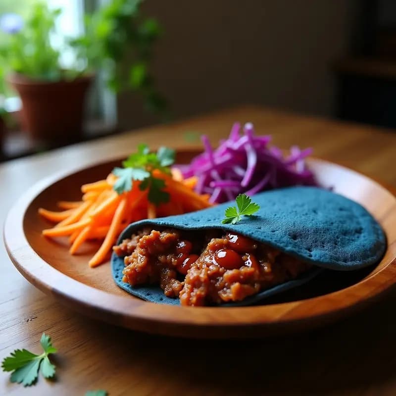 Arepa de maíz azul abierta rellena de pulled pork jugoso y acompañada de ensalada de repollo morado crujiente, servida en plato rústico de barro con fondo de madera.