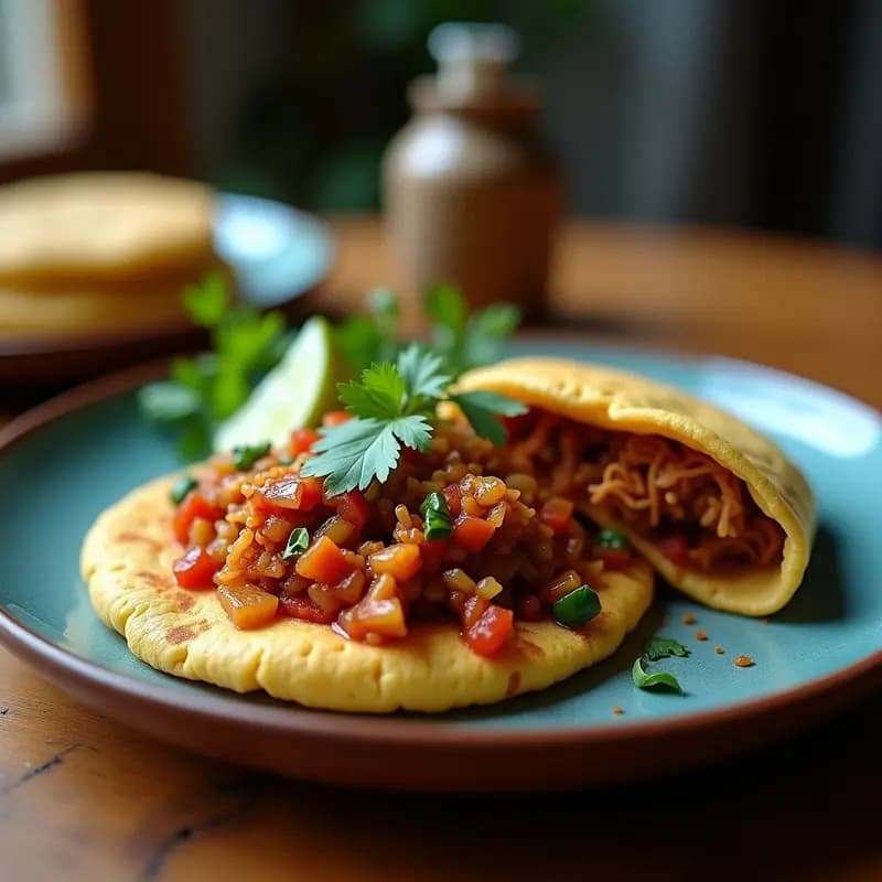 Arepa colombiana de maíz azul cortada por la mitad, rellena de pulljack dorado y bañada en hogao tradicional, servida en un plato de barro con cilantro fresco.