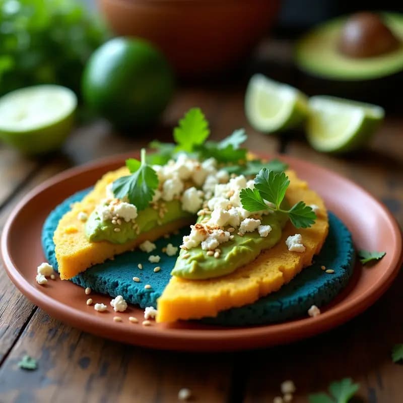 Arepa de maíz azul dorada y crujiente rellena de aguacate cremoso y queso de cabra desmenuzado, decorada con cilantro fresco y semillas de sésamo, servida en un plato rústico de barro.