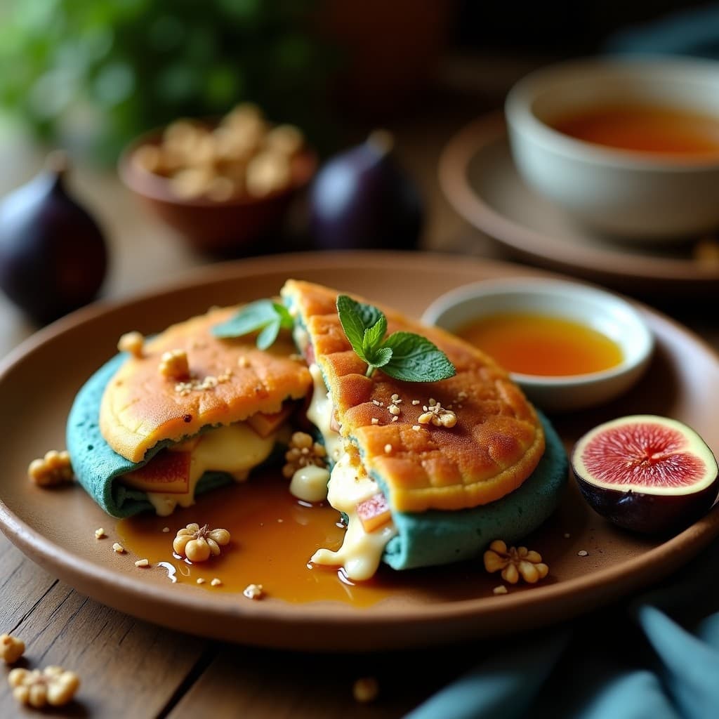 Arepa de maíz azul cortada por la mitad, rellena de queso de cabra cremoso y higos caramelizados con miel, servida en plato rústico con nueces picadas y un hilo de miel por encima. Receta gourmet venezolana.