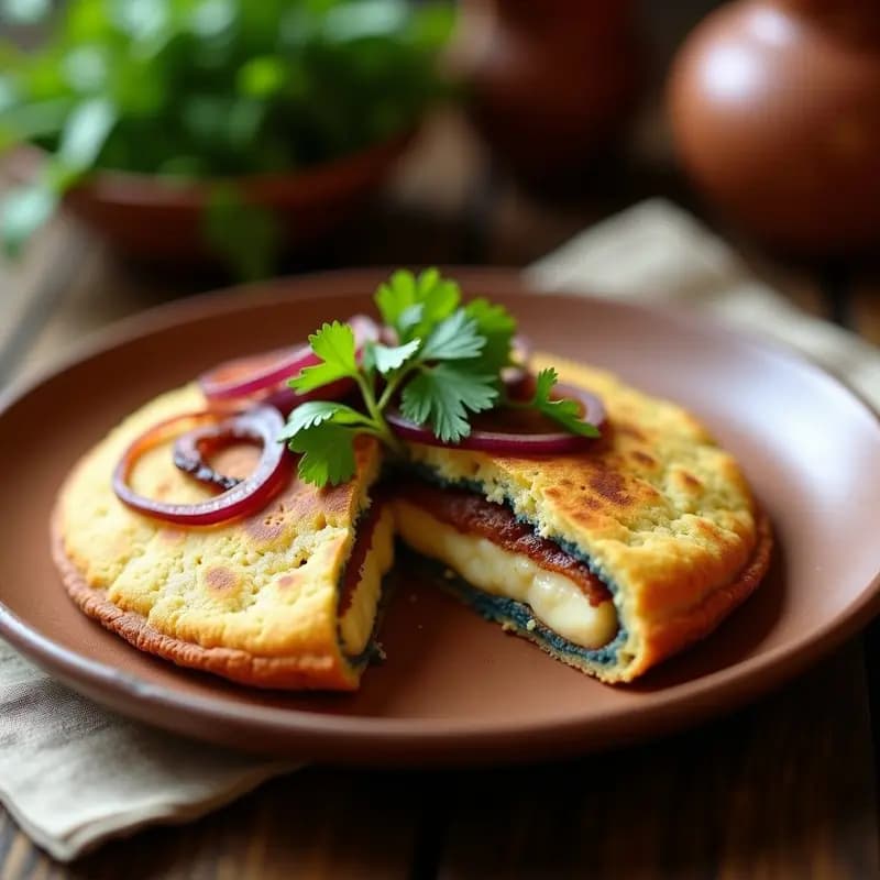 Arepa dorada de maíz azul rellena de queso de cabra vegano cremoso, acompañada de cebolla morada caramelizada y cilantro fresco, servida en un plato de barro rústico.