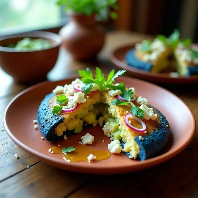 Arepa de maíz azul dorada y crujiente abierta por la mitad, rellena de queso feta desmenuzado blanco y crema de aguacate verde, decorada con cebolla morada y cilantro fresco sobre un plato de barro rústico.