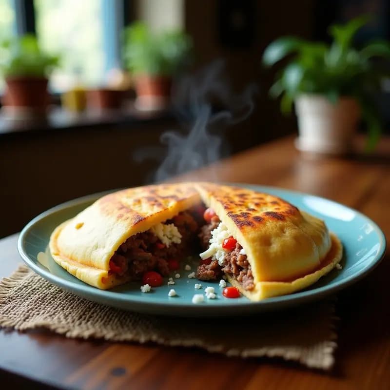 Arepa de maíz azul dorada y crujiente abierta por la mitad, rellena de queso fresco blanco desmenuzado y pabello jugoso con trozos de carne mechada, cebolla morada y pimentón rojo. Plato tradicional venezolano servido en un mantel rústico.